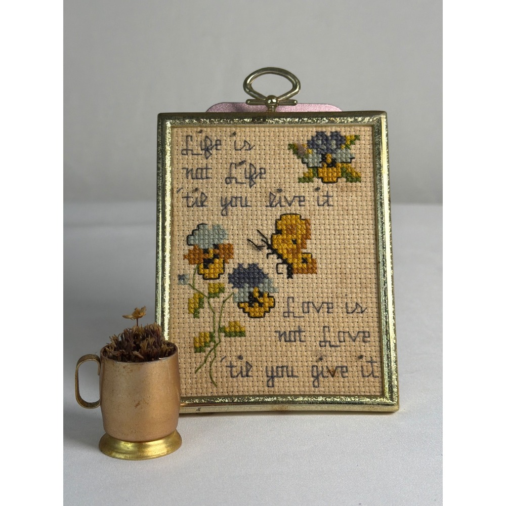 Vintage Needlepoint Wall hanging "Life is not life 'til you live it. 4"x3.5"